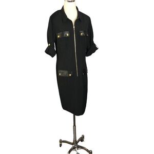 Sharagano Black Zip Front Shirt Dress Faux Leather Trim Size 14